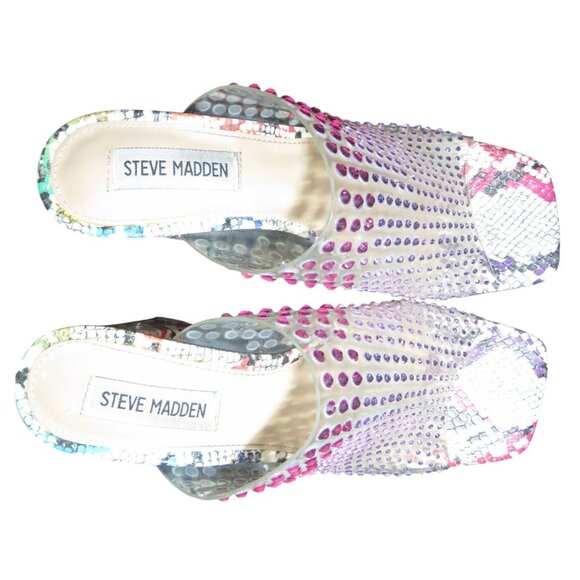 Steve Madden Multicolor Rhinestone Embellished Snake Skin Heeled Mules Size 6 - Picture 3 of 10